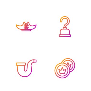 Korsan parası, tüttürme piposu, şapka ve kanca. Renk simgeleri. Vektör