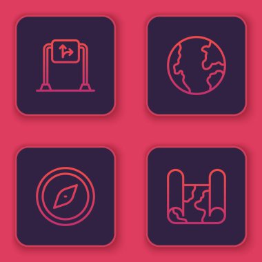 Yol trafik işaretini, pusulayı, dünya küresini ve katlanmış haritayı ayarla. Mavi kare düğme. Vektör