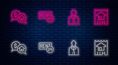 Rent, Emlakçı, Price pazarlığı ve House 'u ayarlayın. Tuğla duvarda parlayan neon simgesi. Vektör
