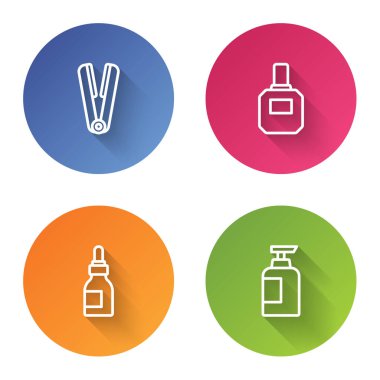 Saç, tıraş losyonu, yağ şişesi ve şampuan için saç maşası. Renkli daire düğmesi. Vektör
