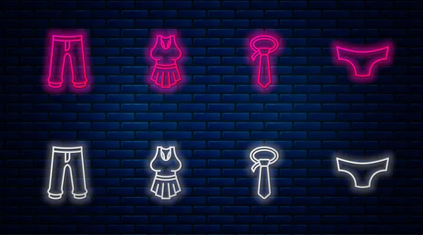 Set line Maillot de corps, cravate, pantalon et culotte homme. Icône lumineuse au néon sur le mur de briques. Vecteur — Image vectorielle