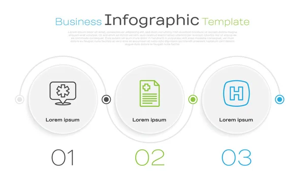 Set line Location hospital, Patient record and Hospital signboard. Business infographic template. Vector — Stock Vector