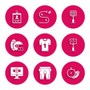 Amerikan futbol forması, şort, futbol ve kronometre, spor mekanik skorbord sonuçları ekranı, TV programı, miğfer, parlak stadyum ışıkları ve VIP rozet ikonu. Vektör