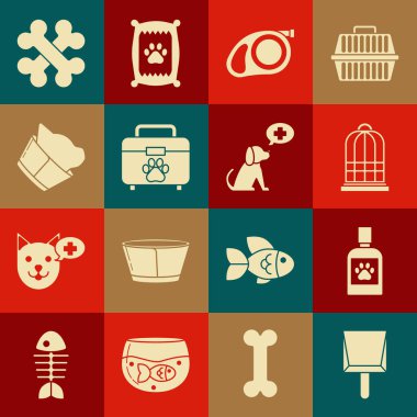 Faraş, köpek ilacı şişesi, kuşlar için kafes, karabinalı geri çekilebilir ip tasması, evcil hayvan ilk yardım çantası, veteriner kliniği sembolü, çapraz kemikler ve ikon. Vektör