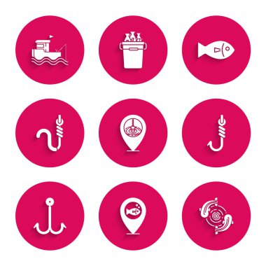 Konum balıkçılığı, balık oltası, solucan ve çubuk su ikonlu tekne ayarlayın. Vektör