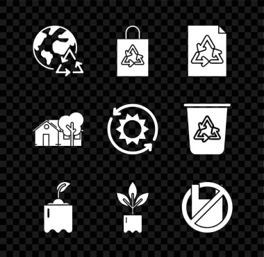 Gezegen ve geri dönüşüm, geri dönüşüm poşeti, kağıt, filizlenme şişesi, bitki, plastik poşet posterine, çevre dostu eve ve güneş enerjisi panel ikonuna hayır deyin. Vektör