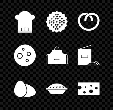 Şef şapkası, kraker bisküvisi, kraker, tavuk yumurtası, ev yapımı turta, peynir, kurabiye ya da çikolata ve mutfak önlüğü. Vektör