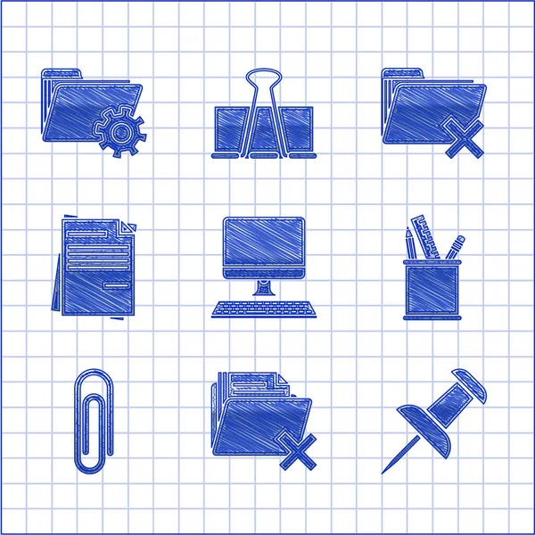 Set Computer monitor met toetsenbord, Delete map, Push pin, Potlood geval briefpapier, paperclip, File document, en Map instellingen versnellingen pictogram. Vector — Stockvector