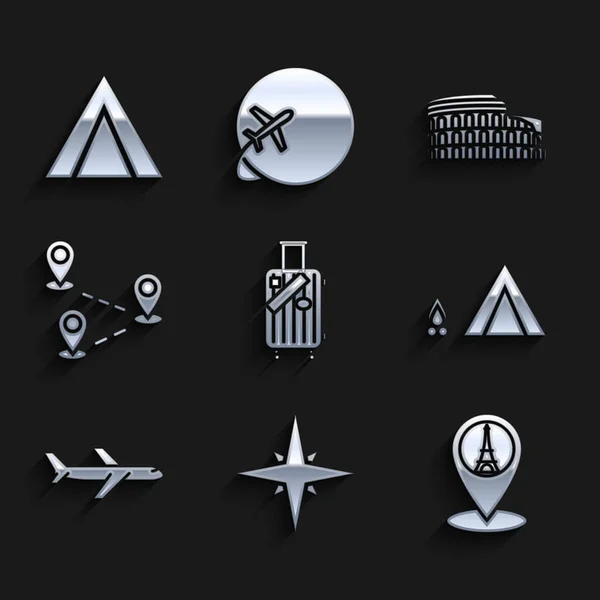 Set Maleta para viajes y pegatinas, Rosa de viento, Mapa puntero con torre Eiffel, Carpa turística de leña, Avión, Ubicación de la ruta, Coliseo Roma, Italia e icono. Vector — Vector de stock