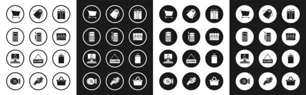 Set Geschenkbox, Pos-Terminal mit eingesteckter Kreditkarte, Warenkorb, Gebäude oder Markt, Preisschild mit Blanko-Etikettenschablone, Papiereinkaufstasche und Computersymbol auf dem Bildschirm. Vektor — Stockvektor