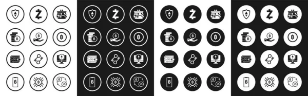 Set Kryptowährungstasche, Hand hält Bitcoin, Schild Ethereum ETH, Zcash ZEC, Monitor und Symbol. Vektor — Stockvektor
