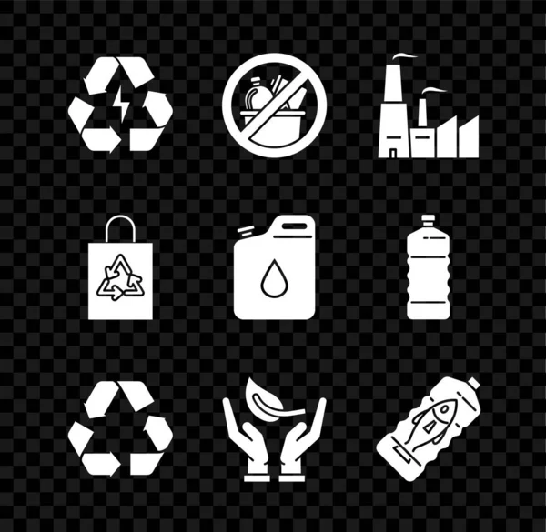 Állítsa akkumulátor újrahasznosítás szimbólum, Nincs szemét, Gyár, Újrahasznosítás, Sprout kezében környezetvédelem, Stop óceán műanyag szennyezés, Műanyag zsák és tartály benzin ikon. Vektor — Stock Vector