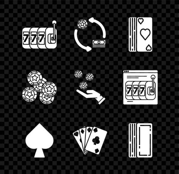 Set Machine à sous avec chanceux sept jackpot, Casino échange de jetons sur des piles de dollars, Deck jeux de cartes, Jeu de bêches symbole, et Main tenant l'icône du casino. Vecteur — Image vectorielle