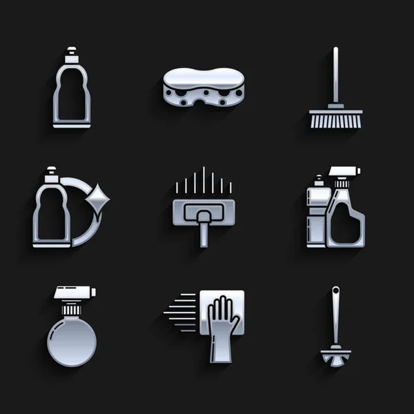 Set Aspiradora, Servicio de limpieza, Cepillo de inodoro, Botellas de plástico para líquido lavavajillas,, Fregona e icono. Vector — Vector de stock