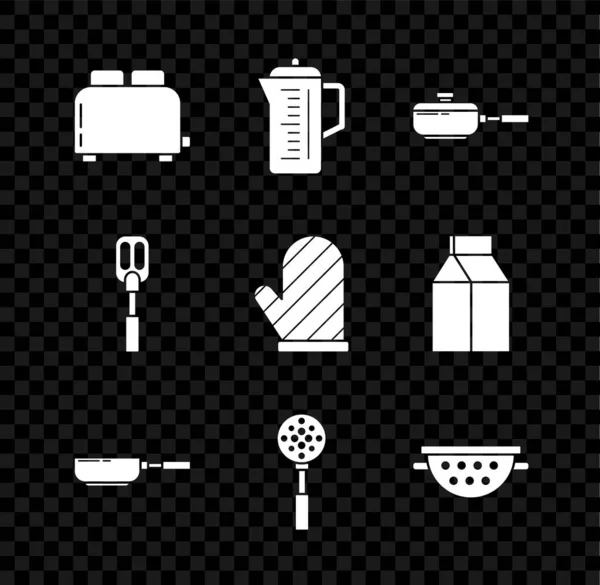 Toaster mit Toastbrot, Teekanne, Pfanne, Spatel, Küchensieb und Ofenhandschuh-Symbol. Vektor — Stockvektor
