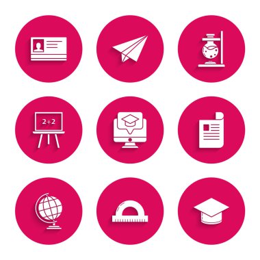 Mezuniyet şapkası, ölçüm dereceleri, mezuniyet, belge, dünya küresi, tebeşir tahtası, cam test tüpü ateşi ve kimlik rozeti ikonu için ekran ızgarası ayarlayın. Vektör