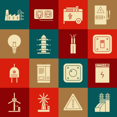 Nükleer santral, elektrik bankası, elektrik düğmesi, taşınabilir elektrik jeneratörü, yüksek voltaj direği hattı, ampul, istasyon ve fabrika ve kablo ikonu ayarlayın. Vektör