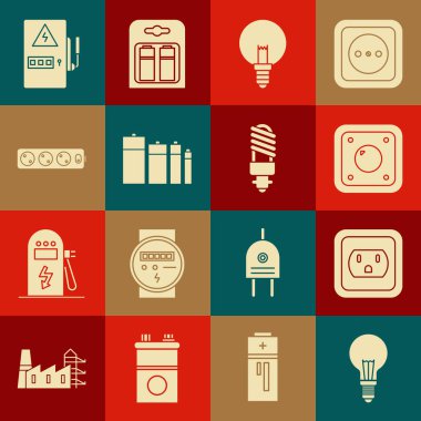 Fikir kavramına sahip ampulü ayarlayın, ABD 'de elektrik prizi, elektrik anahtarı, pil, uzatma kablosu, panel ve LED simgesi. Vektör