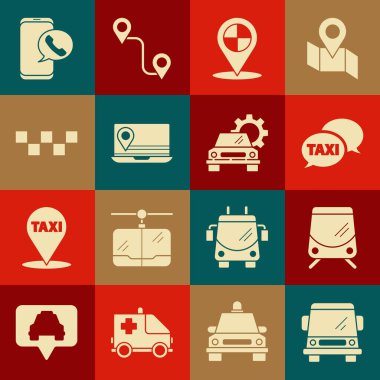 Araba, tramvay ve demiryolu, taksi, telefon servisi, taksi, harita işaretleyicisi, dizüstü bilgisayarın konumu, araba çatısı ve ikon. Vektör