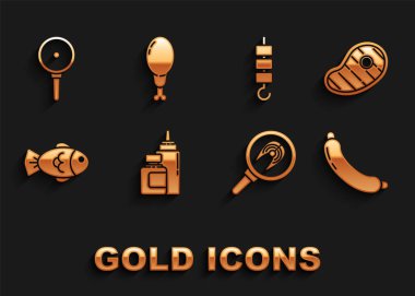 Sos şişesi, biftek, sosis, kızarmış tavada balık bifteği, şiş çubukta ızgara şiş kebap, kızarmış tavuk budu ikonu. Vektör