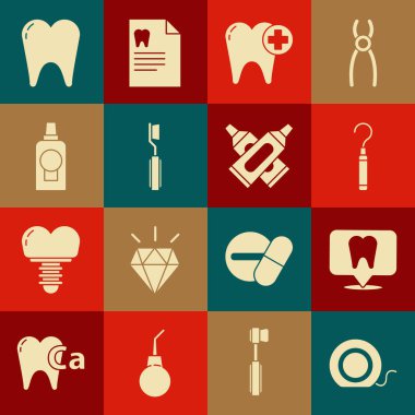 Diş ipi, klinik konumu diş fırçası diş fırçası, diş fırçası, ağız gargarası plastik şişe ve çapraz tüp diş macunu ikonu. Vektör