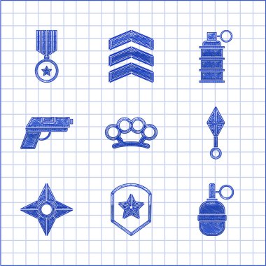 Pirinç muşta, polis rozeti, el bombası, Japon ninja shuriken, tabanca ya da silah ve askeri ödül ikonu. Vektör