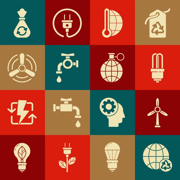 Gezegen toprağı ve geri dönüşüm, rüzgar türbini, LED ampul, Meteoroloji termometresi ölçümü, su musluğu, geri dönüşüm ve ikonlu çöp torbası. Vektör