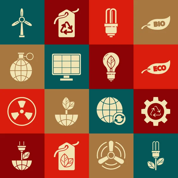 Ampulü yaprak, Geri Dönüşüm sembolü ve teçhizatı, Yaprak Eko, LED ışığı, Güneş enerjisi paneli, Toprak Dönüşümü Gezegeni, Rüzgar türbini ve simgesi ile ayarla. Vektör