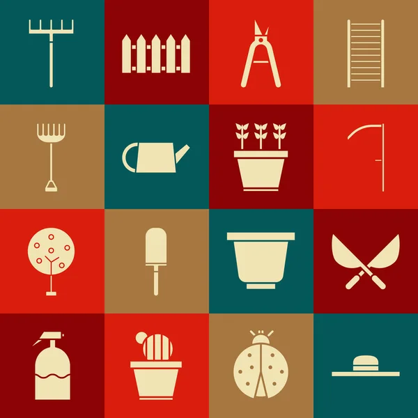 Set Worker hat, Gardening handmade scissors, Scythe, Watering can, rake, and Plants pot icon. Vector — Stock Vector