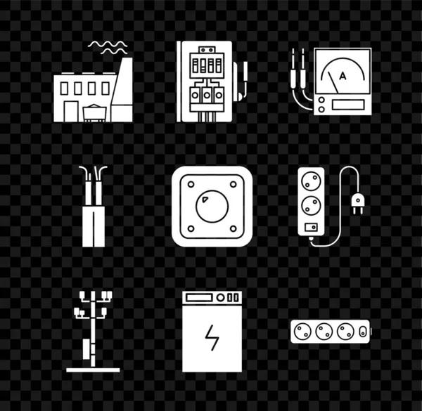 Set Szénerőmű és gyár, Elektromos panel, Ampere méter, multiméter, voltmérő, Nagyfeszültségű pólus vonal, Power bank, hosszabbító kábel, kábel és villanykapcsoló ikon. Vektor — Stock Vector