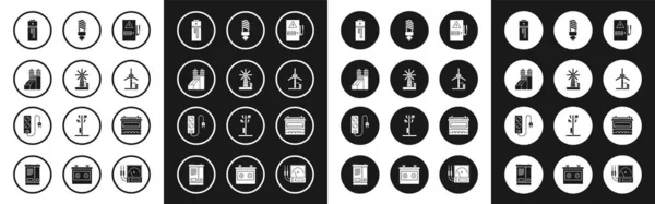 Set Elektrische Schalttafel, Windturbine, Kernkraftwerk, Batterie, LED-Glühbirne, Autobatterie und Verlängerungskabel Symbol. Vektor — Stockvektor