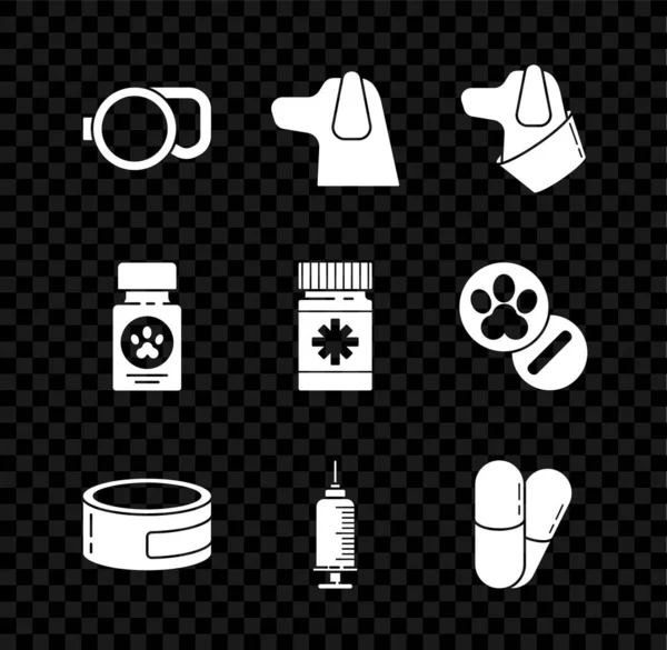 リトラクタブルコード、犬、缶詰、ペットワクチンで注射器、薬瓶、アイコンを設定します。ベクトル — ストックベクタ