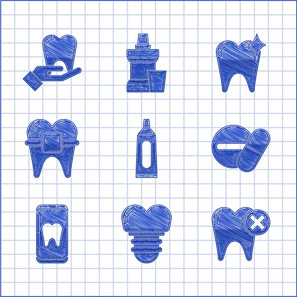 Conjunto Tubo de pasta de dentes, Implante dentário, Dente com cárie, Medicina pílula ou tablet, Cuidados dentários on-line, Braçadeiras de dentes, conceito de clareamento e ícone. Vetor —  Vetores de Stock