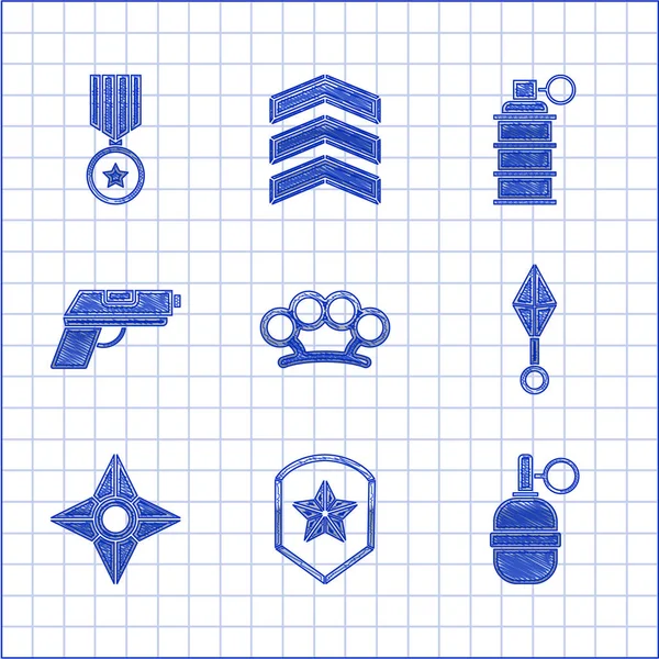 Pirinç muşta, polis rozeti, el bombası, Japon ninja shuriken, tabanca ya da silah ve askeri ödül ikonu. Vektör