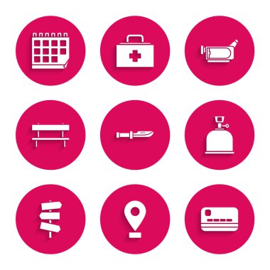 Kamp bıçağı, konum, kredi kartı, gaz sobası, trafik levhası, Bench, sinema kamerası ve takvim simgesi. Vektör