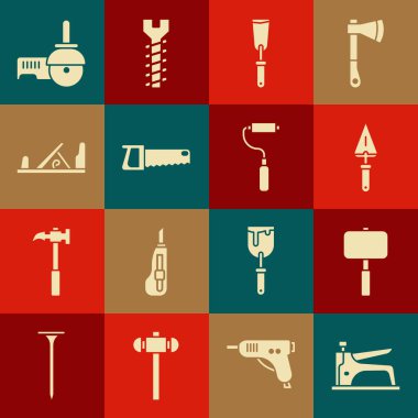 İnşaat zımbası, Balyoz, Palabıyık, Bıçak, El testeresi, Tahta uçak aleti, Açı öğütücü ve Boya Fırçası ikonu. Vektör