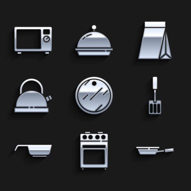 Kesme tahtası, fırın, kızartma tavası, saplı su ısıtıcısı, kahve çekirdeği torbası ve mikrodalga fırın ikonu. Vektör