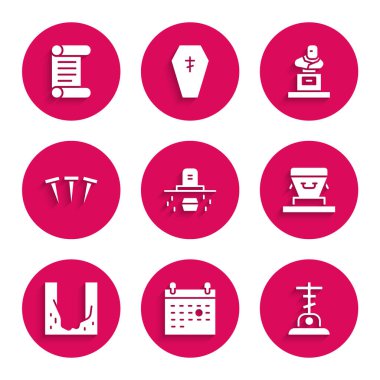 Tabut, takvim ölümü, haç, Tabut, Mezarlık kazılmış mezar çukuru, metal çiviler, mezar taşı ve ferman, parşömen, parşömen ikonu. Vektör