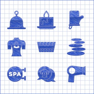 Sauna kovası, masaj, saç kurutma makinesi, sıcak taşlar, spa salonu, aroma yağı, eldiven ve şapka ikonu. Vektör