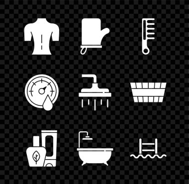 Masaj seti, sauna eldivenleri, saç fırçası, krem tüpü, küvet, merdivenli yüzme havuzu, termometre ve duş başlığı ikonu. Vektör