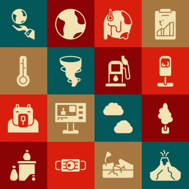 Volkan patlamasını lav, Ağaç, Çöp, Küresel Isınma, Tornado, Meteoroloji Termometresi, Dünya 'yı tutan eller ve benzin istasyonu ikonu ile ayarlayın. Vektör