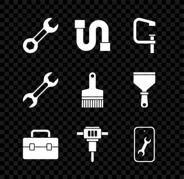 Anahtarı, endüstriyel boruyu, klemp ve vida aletini, alet kutusunu, inşaat matkabını, mobil servisi ve boya fırçası simgesini ayarla. Vektör