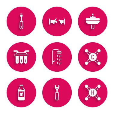 Duş, İngiliz anahtarı, su musluğu, temizlik maddesi, filtre, lavabo ve tornavida ikonu için şişe. Vektör