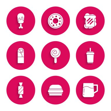 Lolipop, Burger, tahta bira bardağı, samanlı kağıt bardak, Candy, Doner kebap, Sandviç ve Tavuk budu ikonu. Vektör
