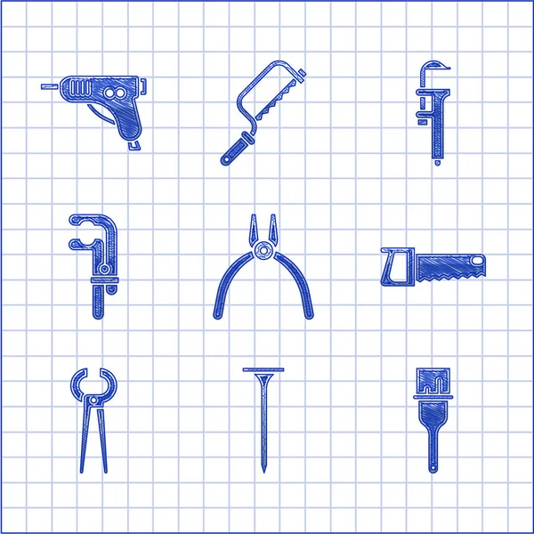 Set Tangen gereedschap, Metallic nagel, Verfborstel, Handzaag, tangen tang, Klem, Calliper of caliper schaal en elektrische hetelijm pistool pictogram. Vector — Stockvector