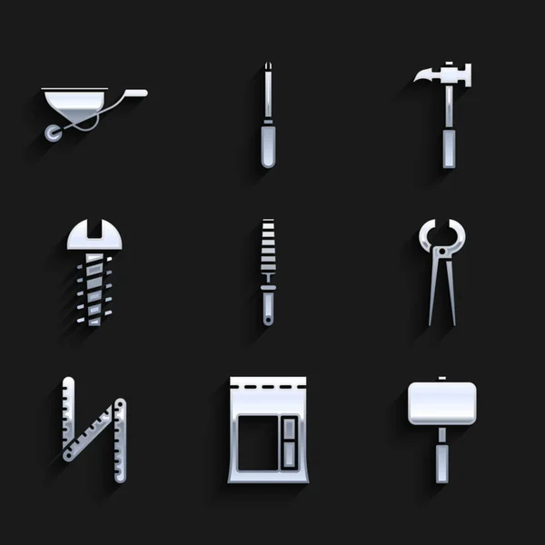 Set Herramienta de bisel para madera, bolsa de cemento, martillo, tenazas y alicates, regla plegable, tornillo metálico, garra y carretilla icono. Vector — Vector de stock