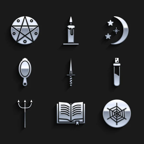 Set Dagger, Ancient magic book, Spider web, Bottle with love potion, Neptune Trident, Magic hand mirror, Moon stars and Pentagram in circle icon. Vetor — Vetor de Stock