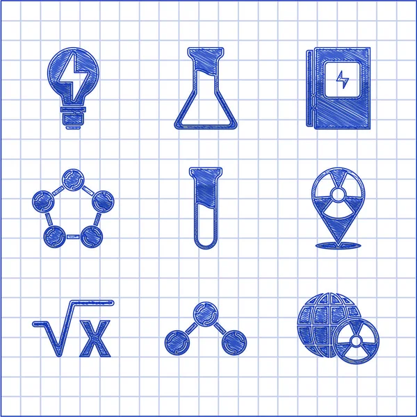 Set Tube à essai et fiole, Molécule, Rayonnement de la planète Terre, Radioactif dans l'emplacement, racine carrée de x glyphe, Panneau électrique et ampoule avec icône de la foudre. Vecteur — Image vectorielle