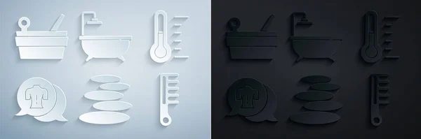 Set Stack heißen Steinen, Sauna-Thermometer, Massage, Haarbürste, Badewanne und Eimer und Schöpfkelle Symbol. Vektor — Stockvektor