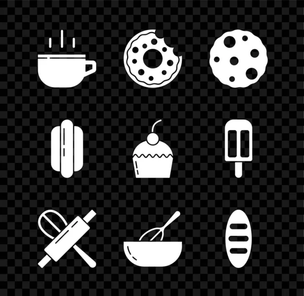 Kahve fincanı, çörek, kurabiye ya da bisküvi, mutfak çırpısı ve merdane, kase, ekmek somunu, Hotdog sandviçi ve kek ikonu. Vektör — Stok Vektör